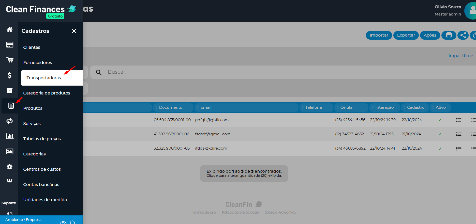 Menu Transportadoras